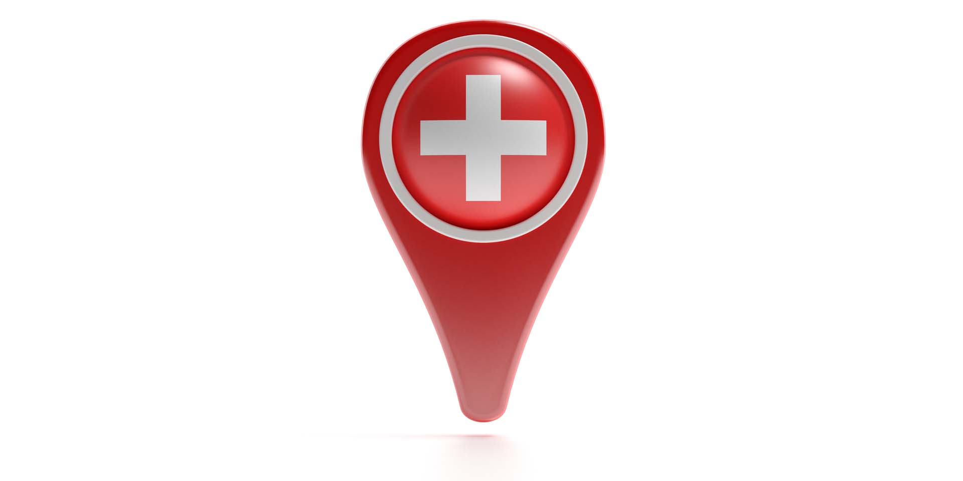 Medical care location concept. Cross plus icon on a red color map pointer isolated against white background. 3d illustration