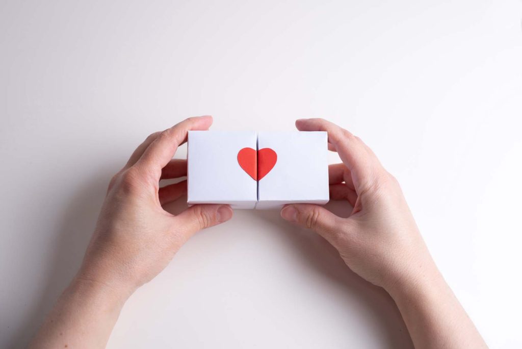 Two female hands hold two white boxes with heart on a white background.