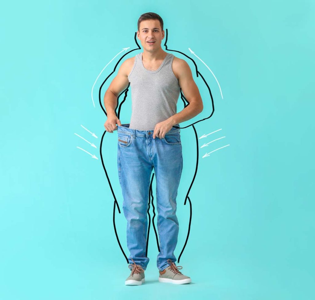 Surprised young man after weight loss on color background