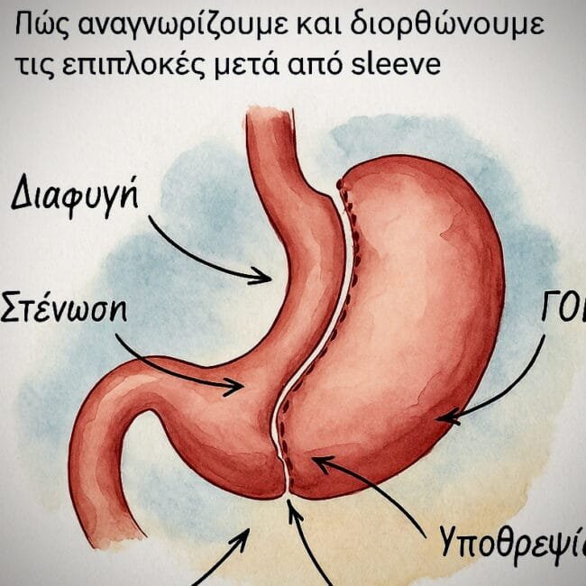 Ιατρική απεικόνιση με τομές γαστρικού μανικιού που δείχνει επιπλοκές όπως διαφυγή, στένωση, υποθρεψία και ΓΟΠ.