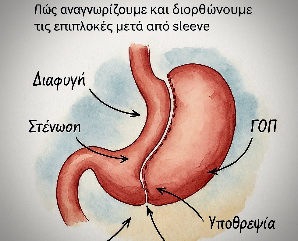 Ιατρική απεικόνιση με τομές γαστρικού μανικιού που δείχνει επιπλοκές όπως διαφυγή, στένωση, υποθρεψία και ΓΟΠ.