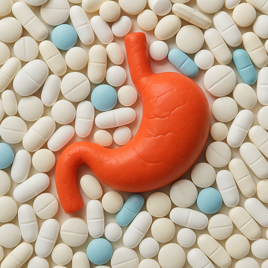 Συμβολική απεικόνιση στομάχου θαμμένου σε χάπια, που αναδεικνύει τη χρόνια χρήση αναστολέων αντλίας πρωτονίων (PPI)